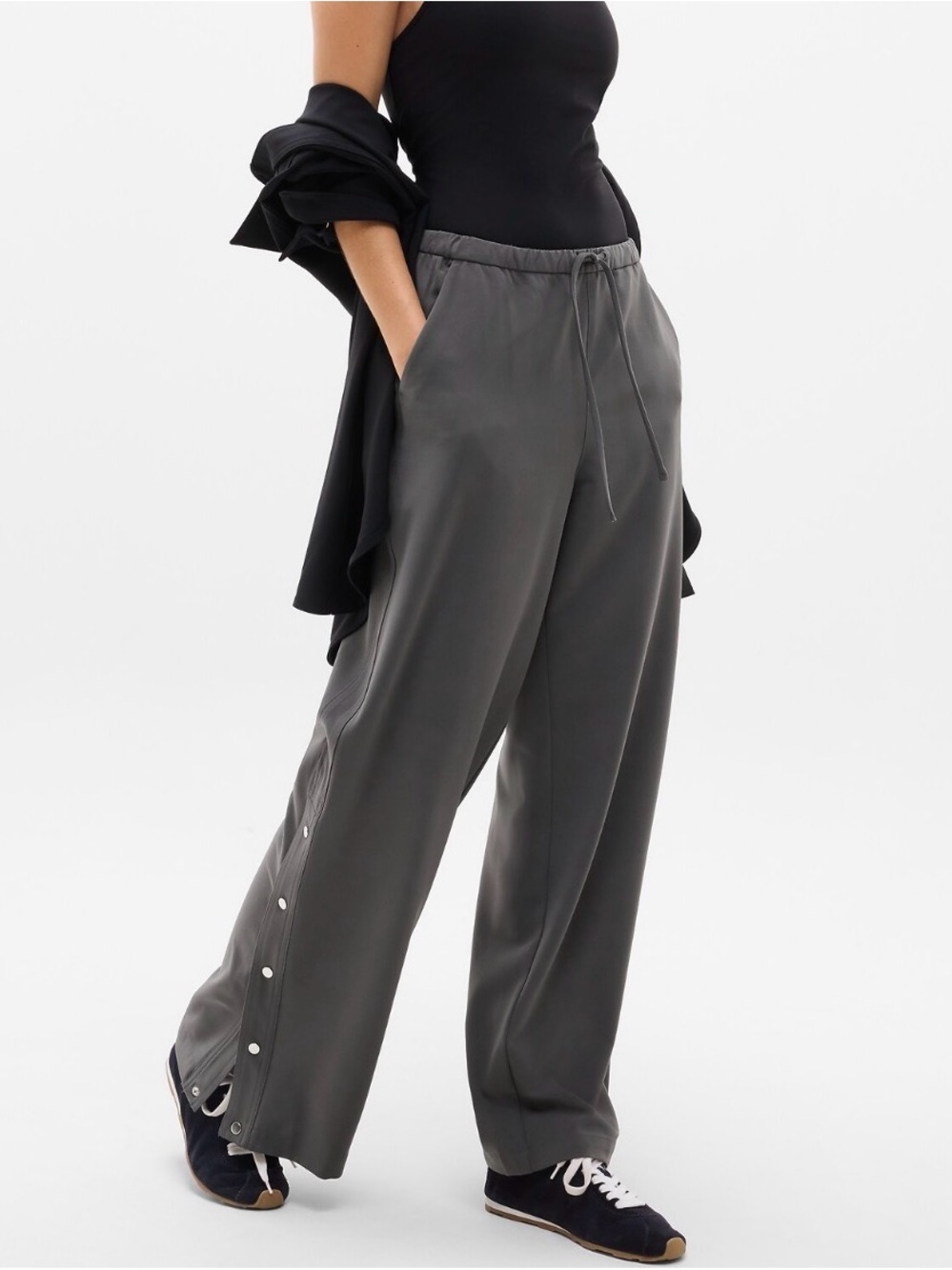Athleta Charcoal Wide-Leg Snap-Trim Pants